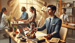Career: नौकरी नहीं मिल रही तो तुरंत आजमाएं ये खास उपाय.... 2 DALL E 2025 12 03 12.23.10 A peaceful and serene image representing the balance between spirituality and a 9 5 job for Hindu professionals living abroad. The scene should featur 1